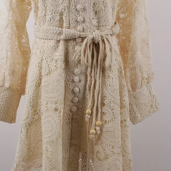 Embroidey Beige Dress Lantern Puff Sleeve Dress - Picture 11 of 16